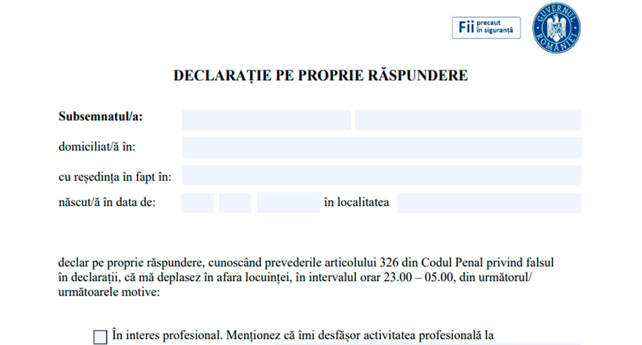 declaratie propria raspundere 2300 0500 9 noiembrie 2020 covid